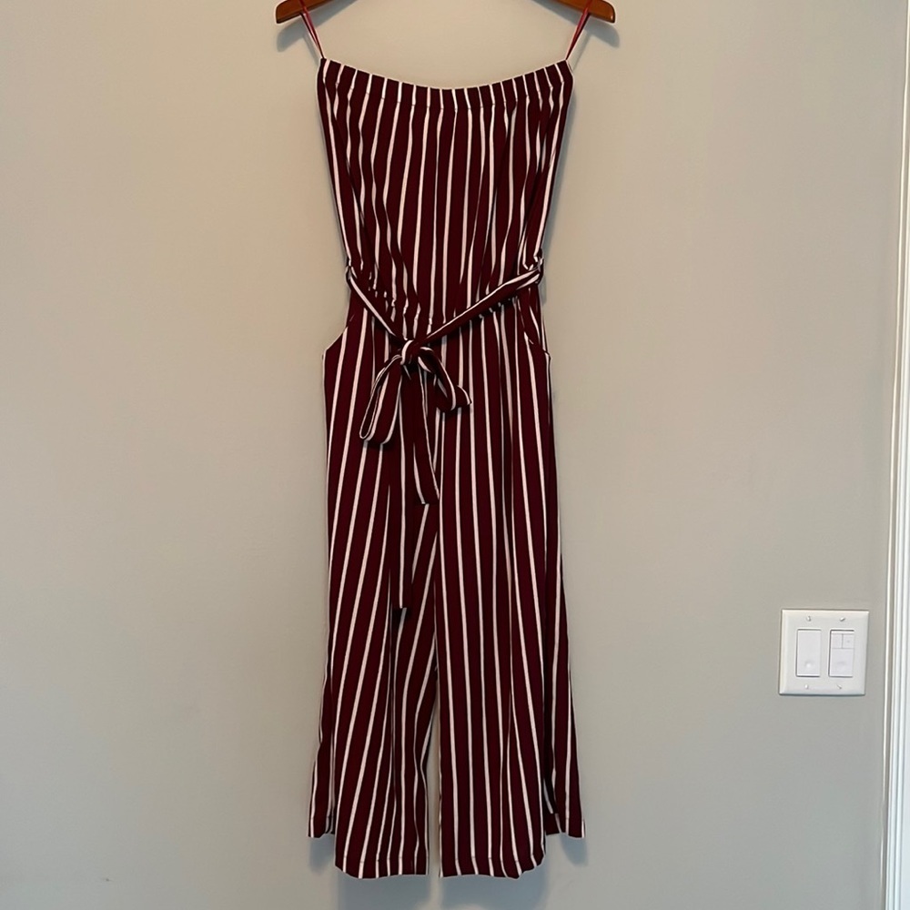 Ambiance romper jumpsuit strapless front tie red burgundy white striped small